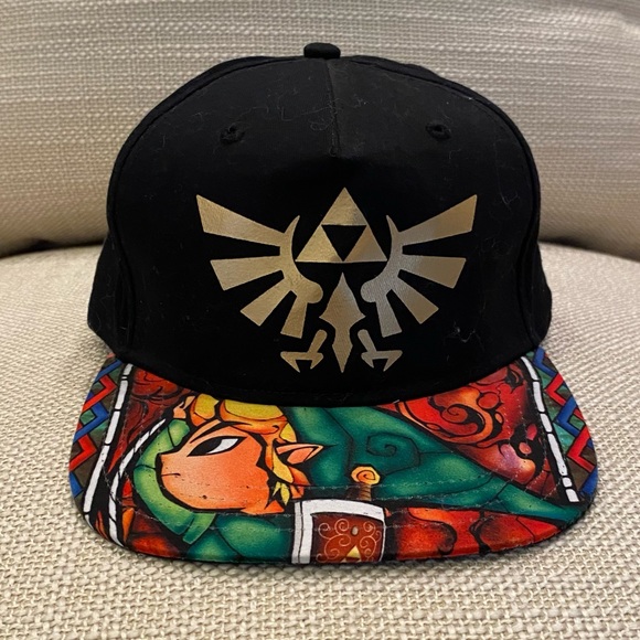 Zelda Nintendo Black Hat w Bright Pattern Brim / Gold Logo / Snap Back - Picture 1 of 10